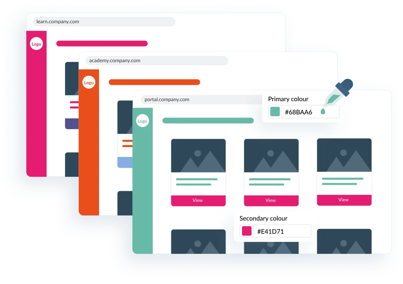 Synap branding options with customisable domain, logo, and primary and secondary colours for a tailored learning portal.