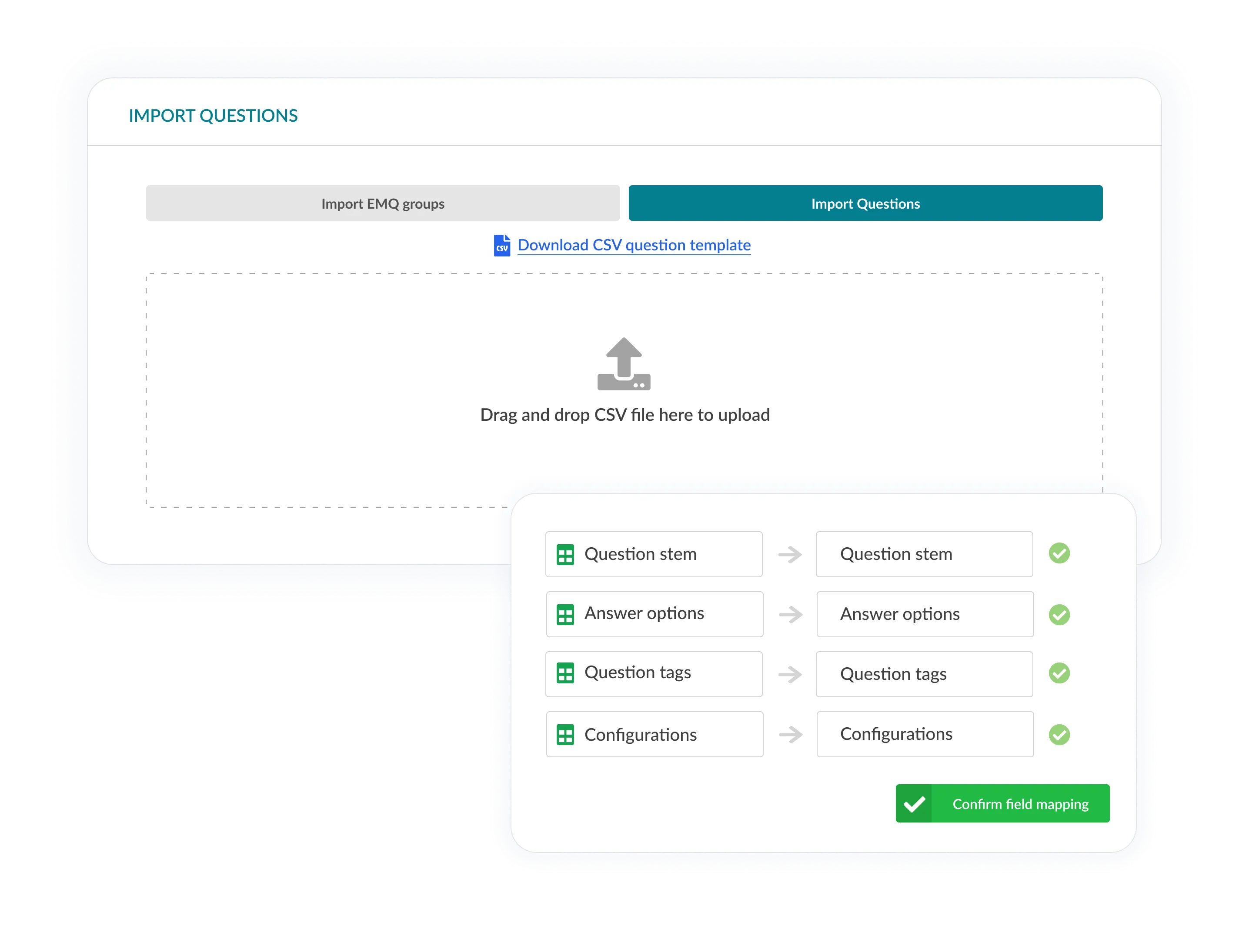 CSV question import tool with drag-and-drop upload and field mapping confirmation.