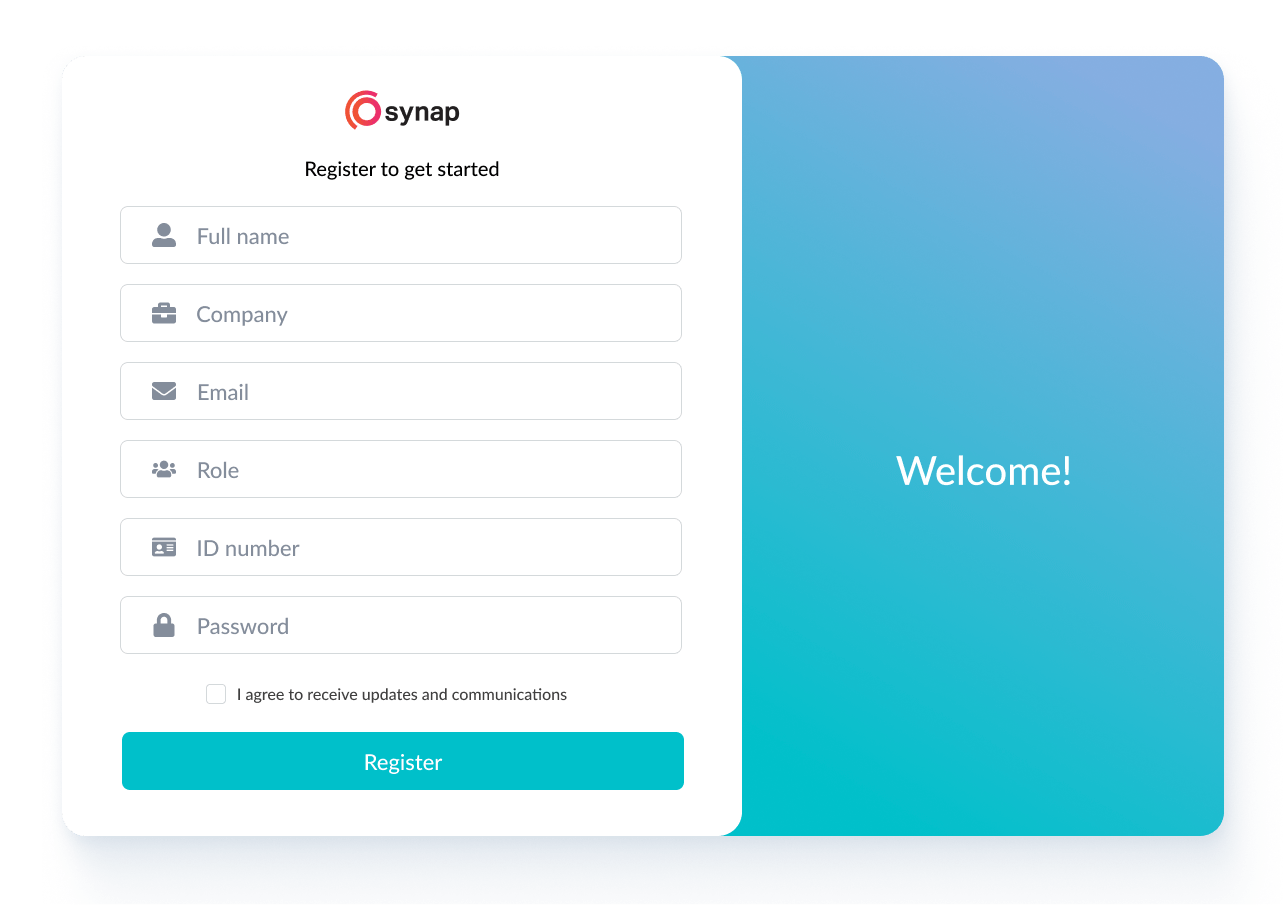 ynap registration screen with custom fields for full name, company, role, and ID number.