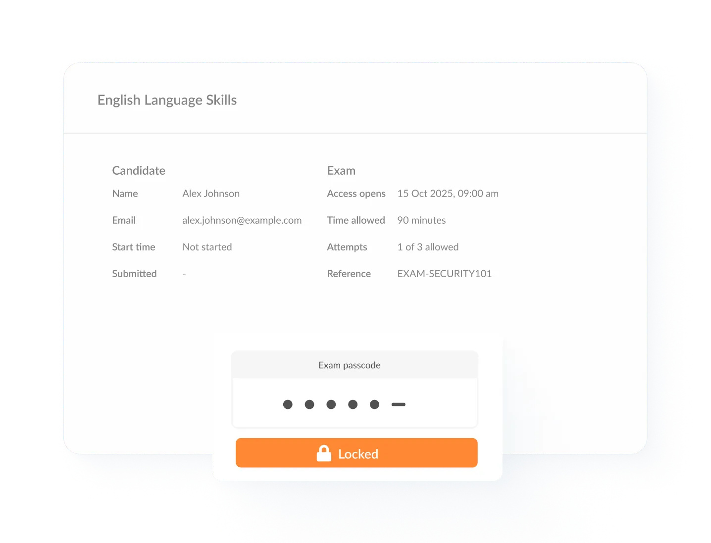 Locked exam requiring passcode to start, with candidate details and timing information