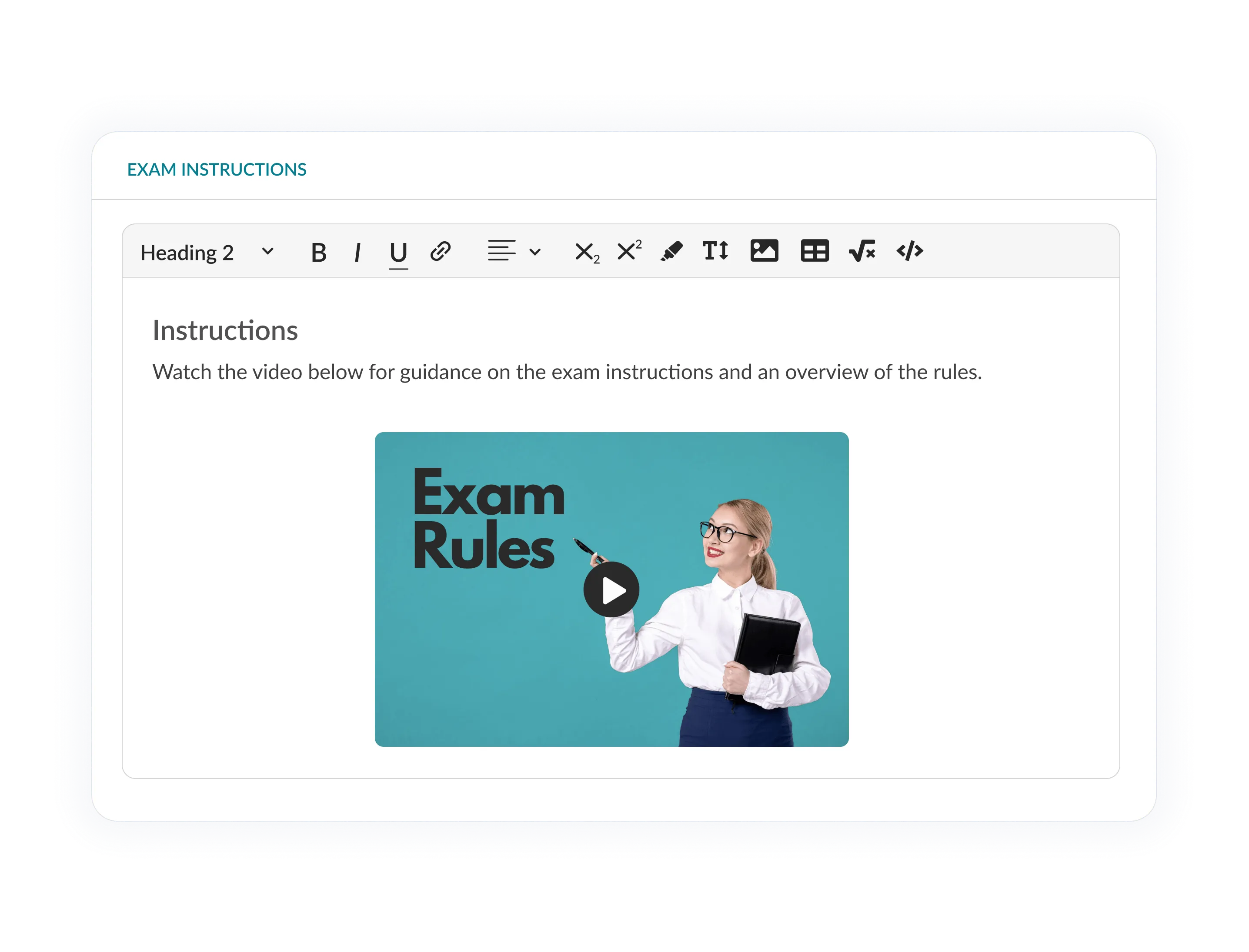 Exam instructions editor with embedded instructional video about exam rules.