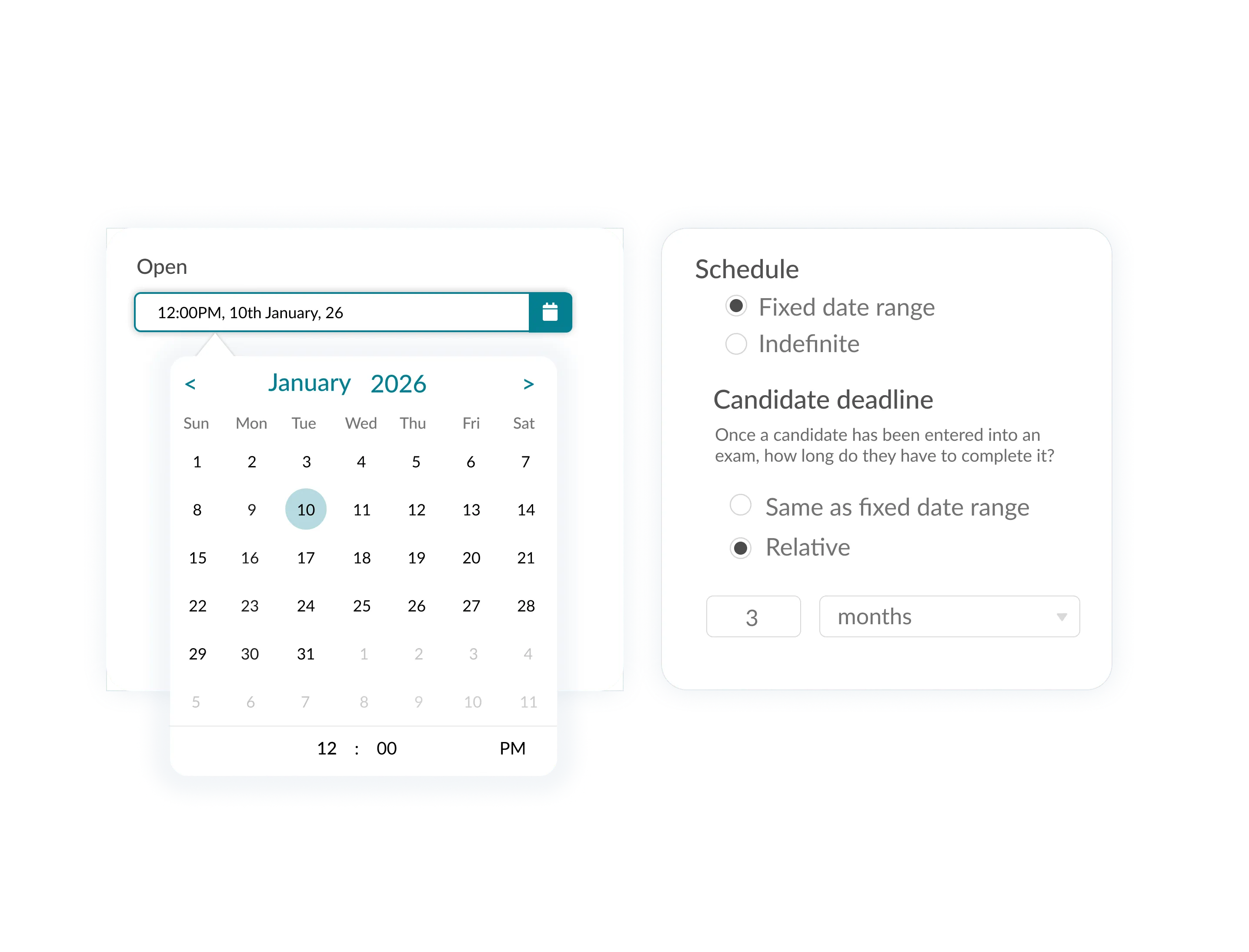 Calendar interface showing fixed date scheduling and candidate deadline configuration.