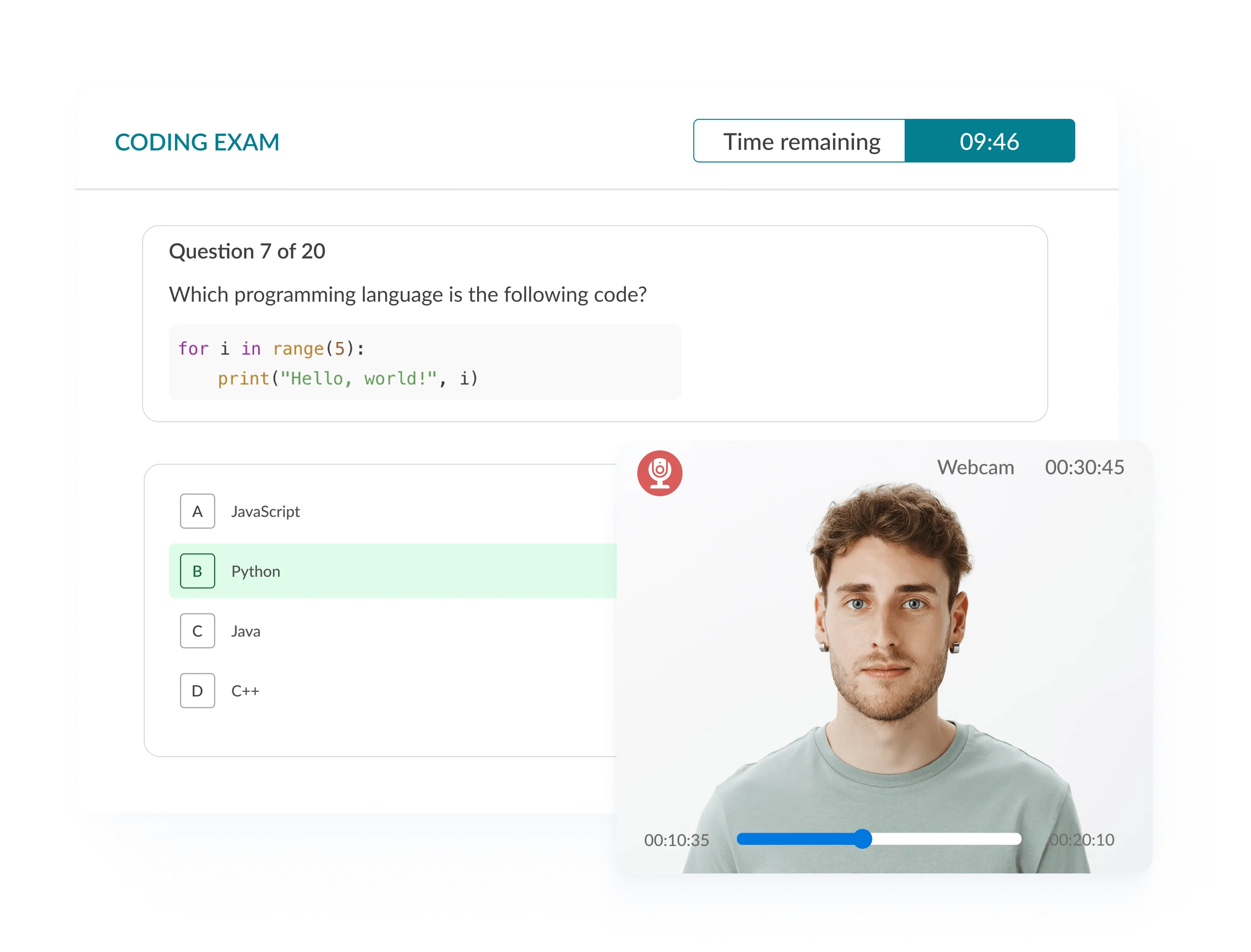 Exam interface showing candidate live webcam feed for online proctoring.