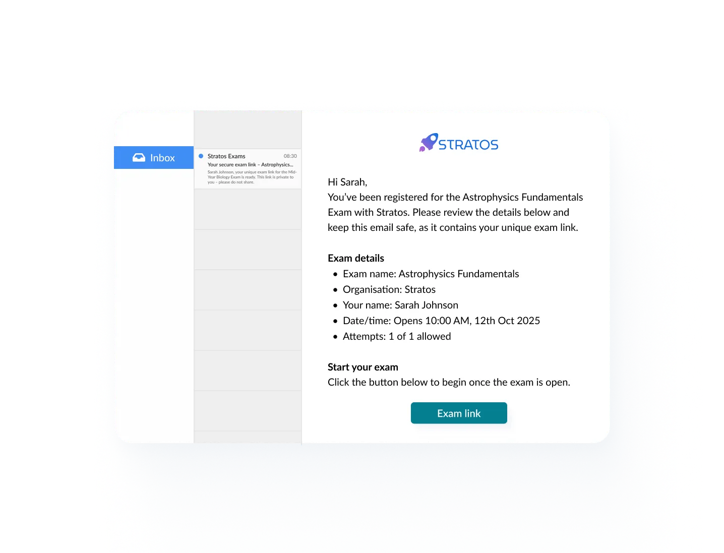 Secure exam invitation email showing candidate details and unique exam link