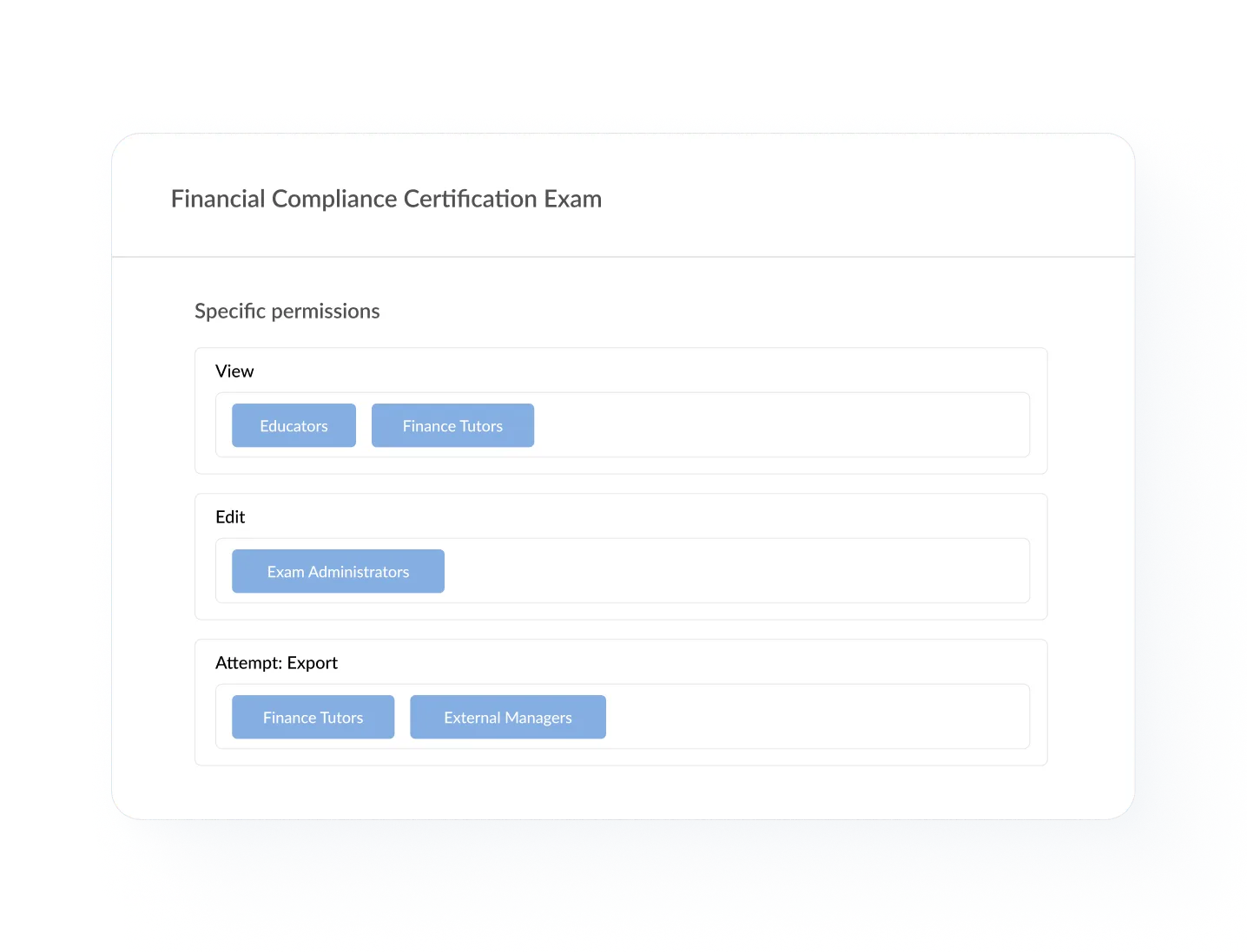Specific exam permissions interface showing access roles for educators, tutors, and managers