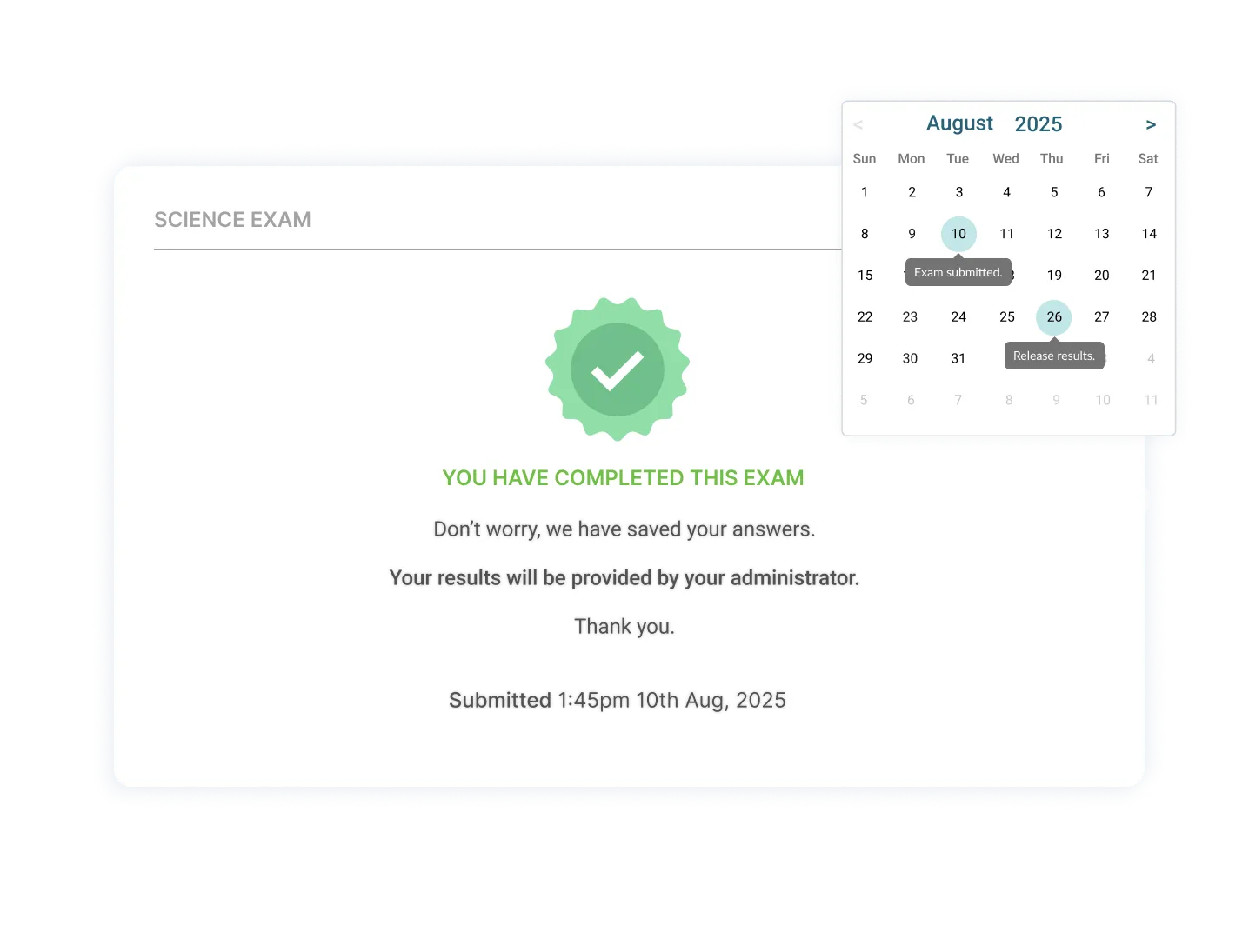 Deferred exam results with admin-controlled release schedule.