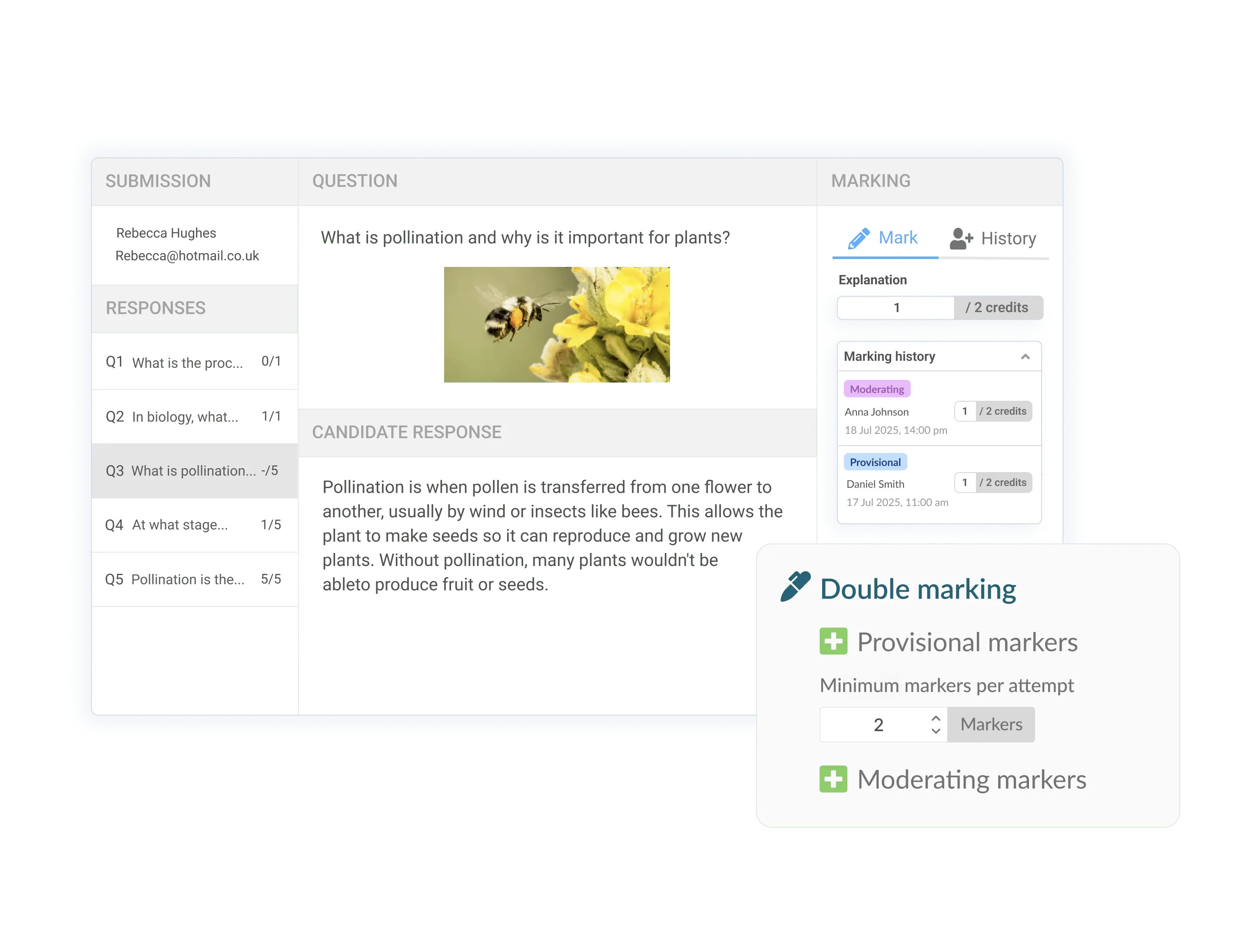 Double marking with provisional and moderating markers and audit history.