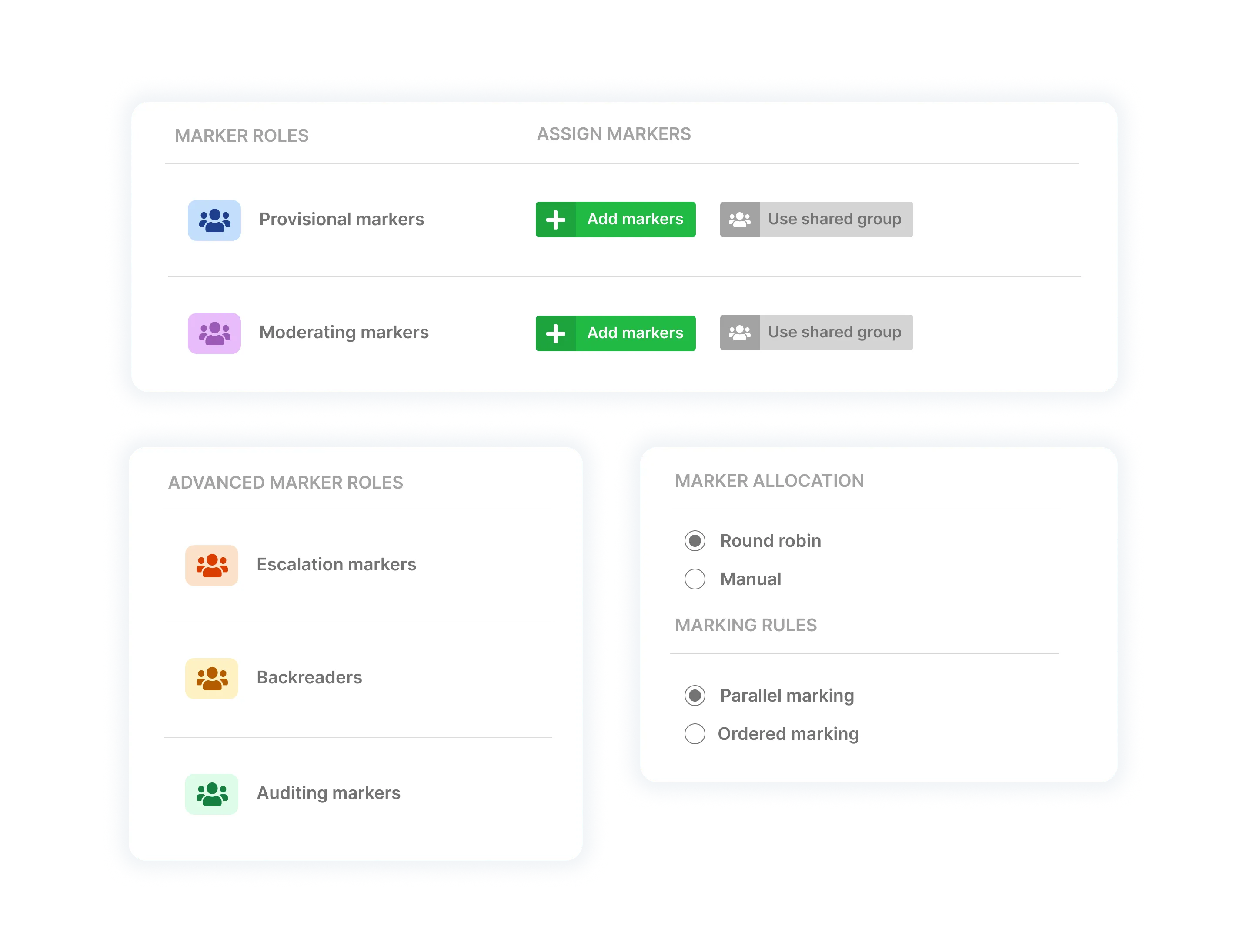 Grading roles and allocation settings, including provisional, moderating, escalation, backreaders and auditing markers.