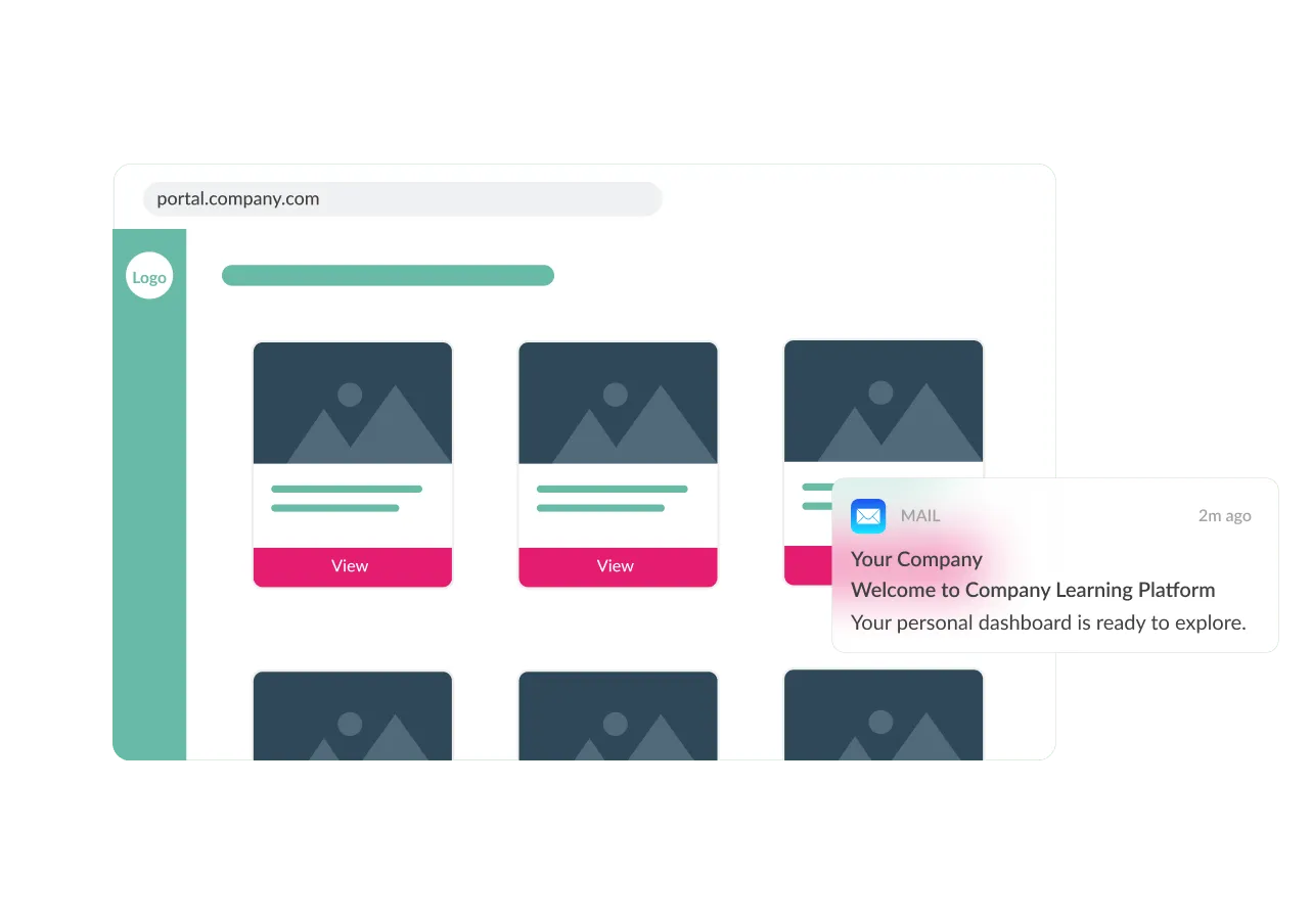 Synap white-labelling feature showing custom company portal domain and branded email notifications.